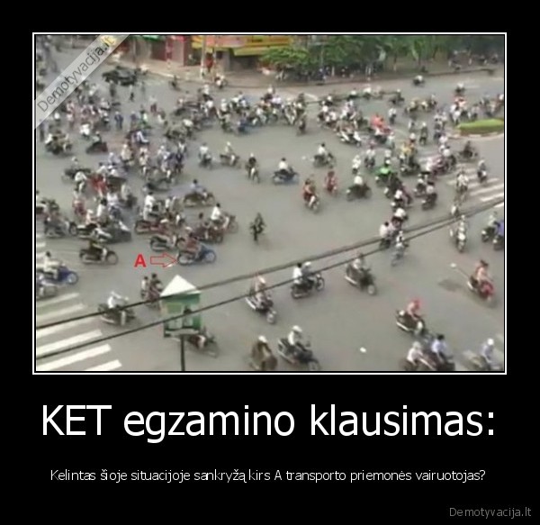 KET egzamino klausimas: - Kelintas šioje situacijoje sankryžą kirs A transporto priemonės vairuotojas?. 