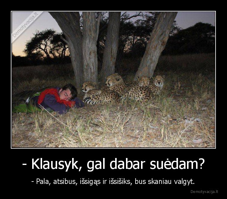 - Klausyk, gal dabar suėdam? - - Pala, atsibus, išsigąs ir išsišiks, bus skaniau valgyt.. 